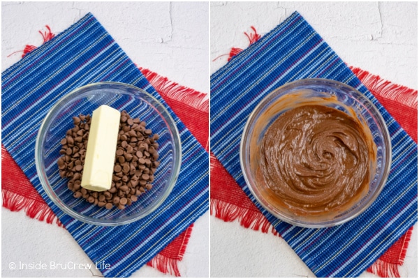 Two pictures of the chocolate and butter mixture collaged together.