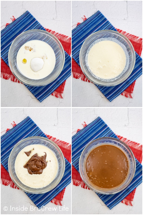 Four pictures collaged together showing how to make the chocolate filling in a baked s'mores pie.