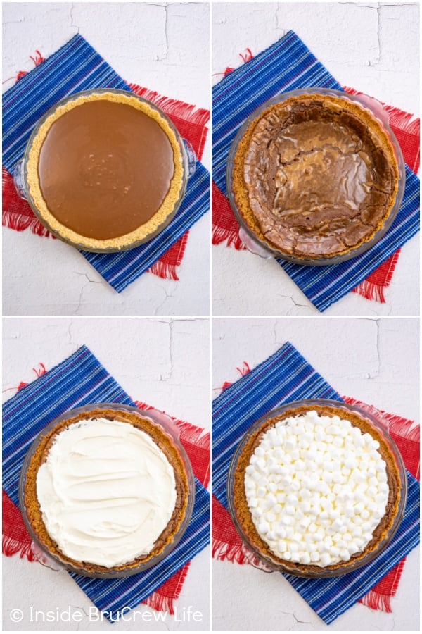 Four pictures collaged together showing the steps to assembling a s'mores pie.