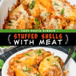 Two pictures of stuffed shells with meat with a black text box.