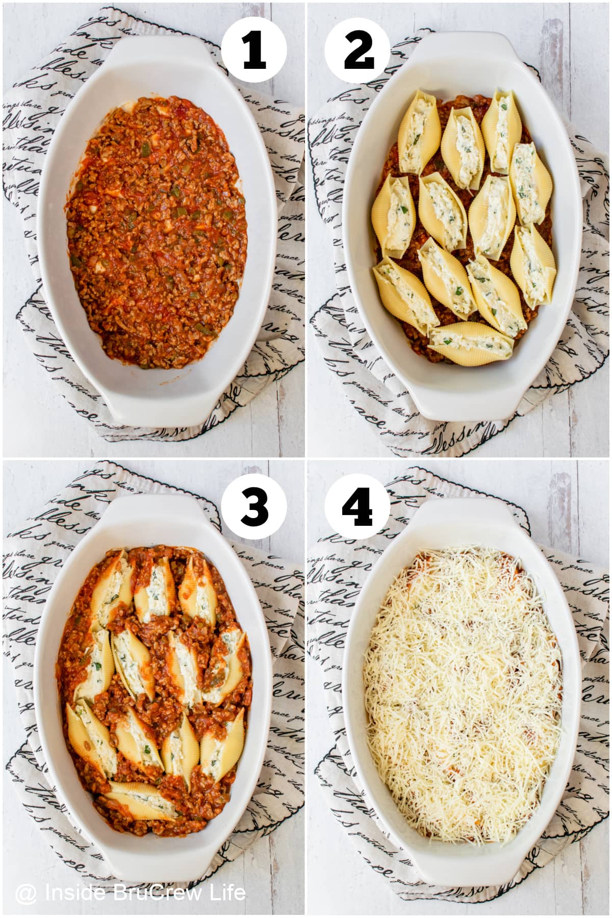 Four pictures collaged together showing how to assemble meat stuffed shells.