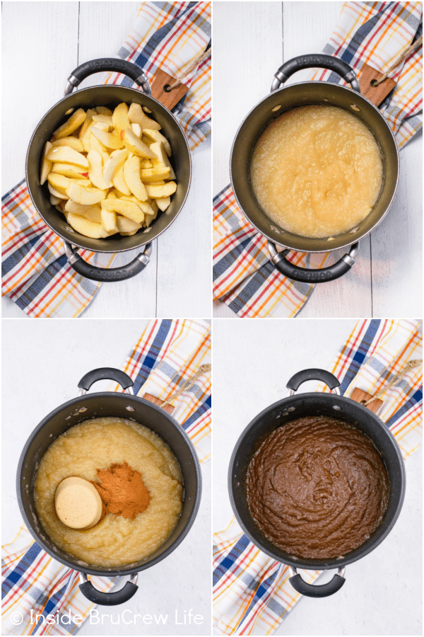 Four pictures collaged together showing the process of cooking apple butter down.