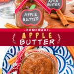 Two pictures of apple butter collaged with a red text box.