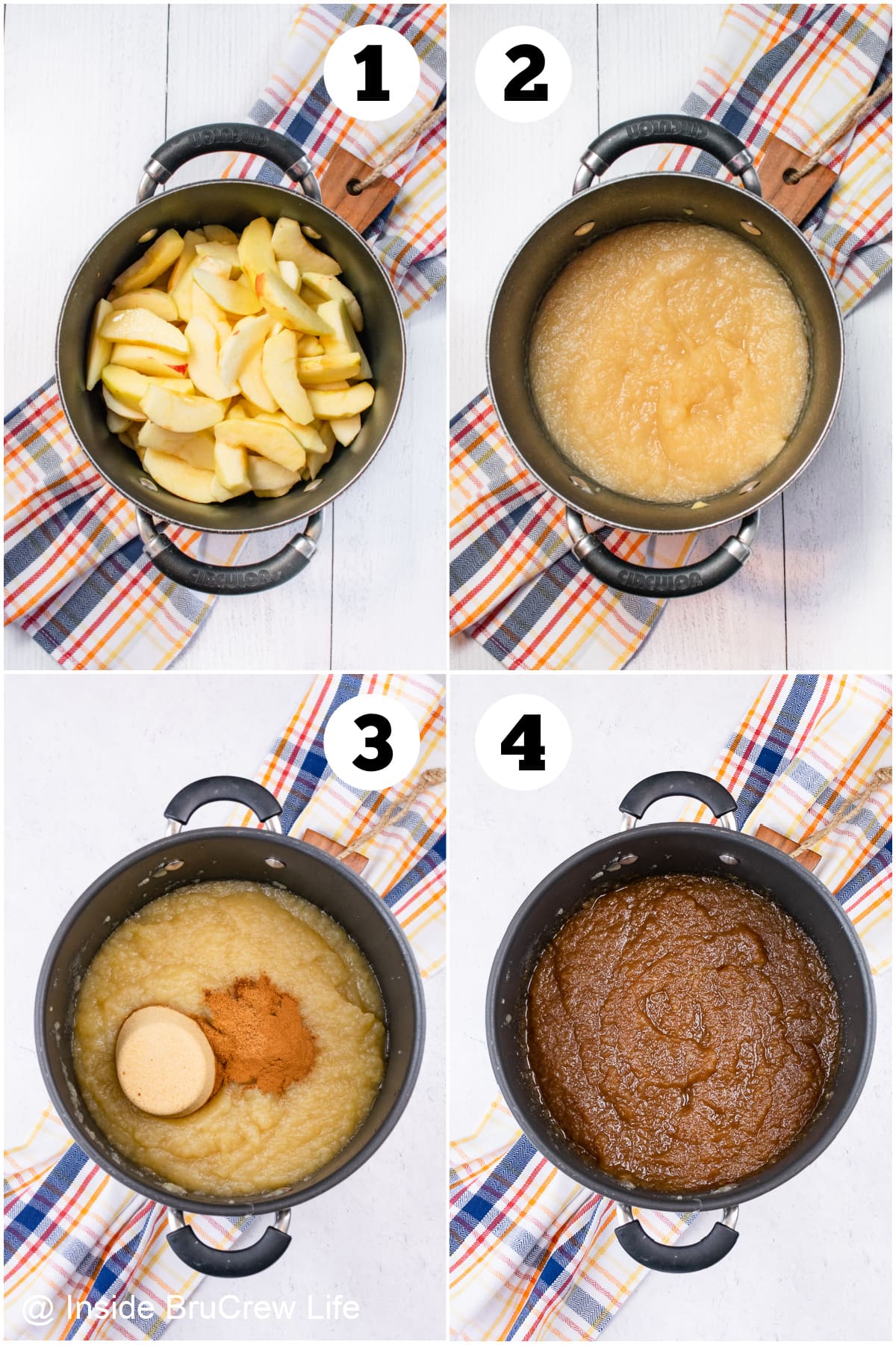 Four pictures collaged together showing how to simmer apples down to a fall spread.