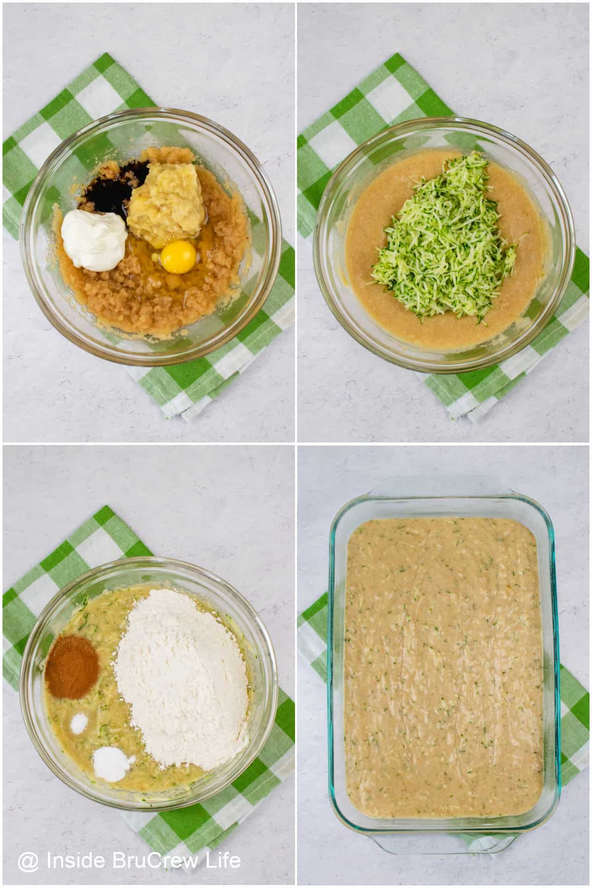 Step by step photos showing how to make a zucchini banana cake.