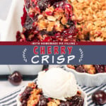 Two pictures of cherry crisp with a blue text box.