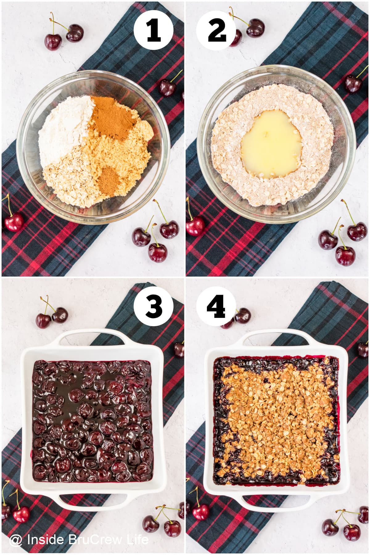 Four pictures collaged together showing how to make a fruit crisp.