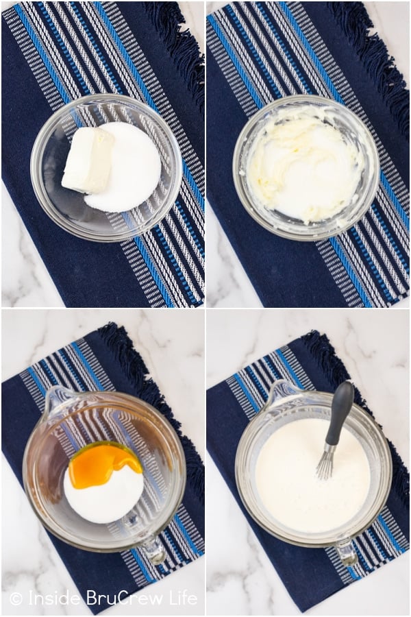 Four pictures collaged together showing the steps to making a homemade vanilla ice cream base.