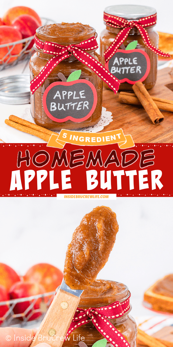 Two pictures of traditional homemade apple butter collaged together with a red text box.