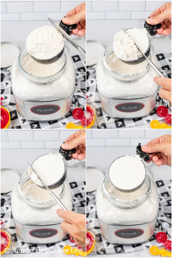Four pictures collaged together showing the steps to fluff, spoon, and sweep flour the right way.