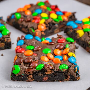 Brownies made with M&M candies on a tray.