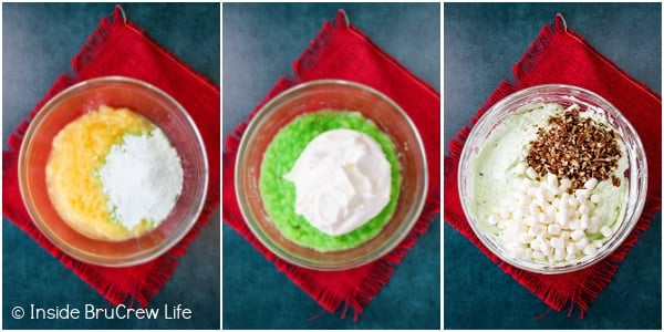 Three pictures collaged together showing the steps to mixing together a pistachio fluff salad.