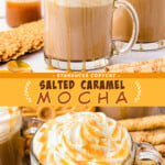 Two pictures of a caramel mocha collaged with a yellow text box.
