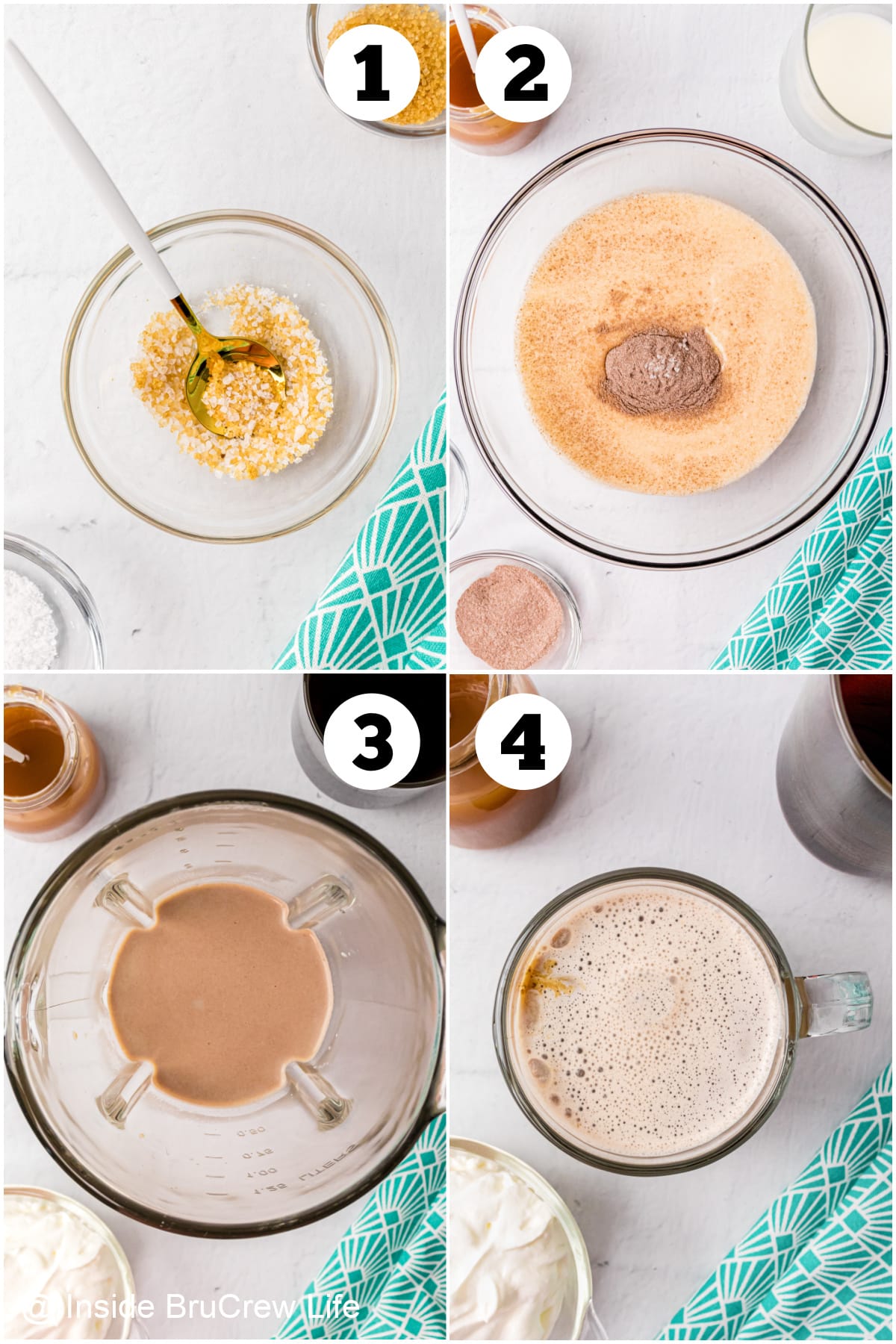 Four pictures collaged together showing how to make a homemade latte.