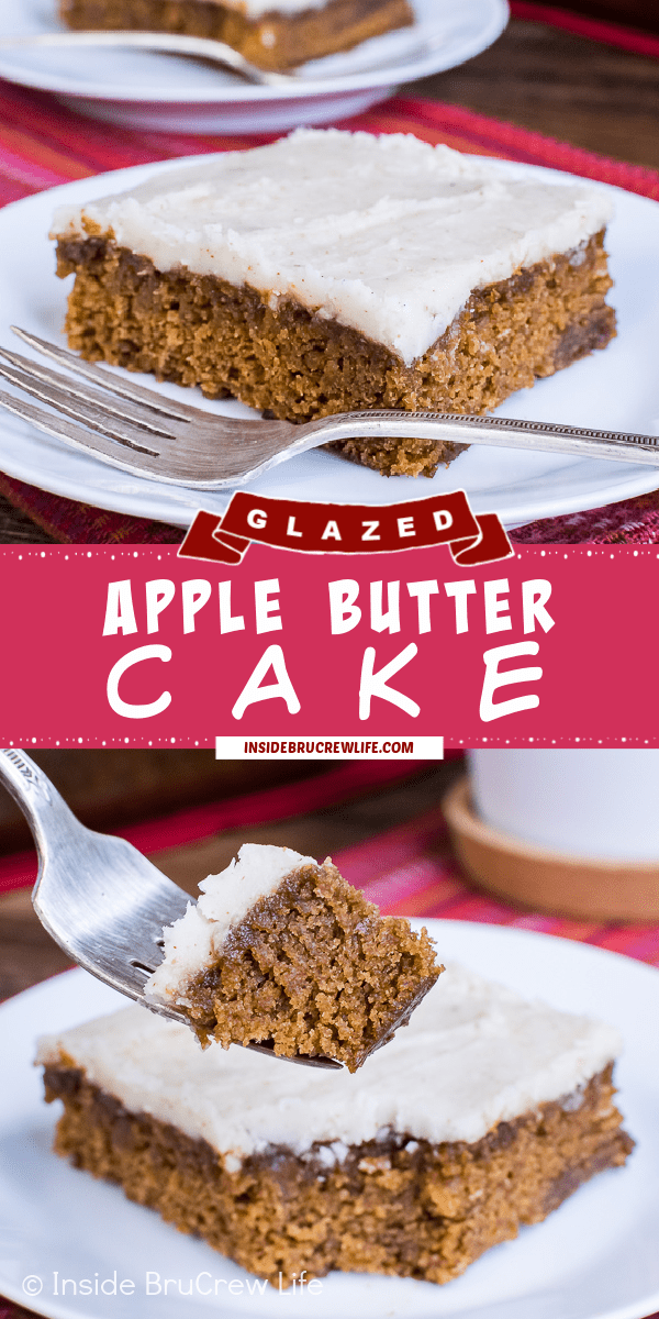 Two pictures of Apple Butter Cake collaged together with a pink text box.