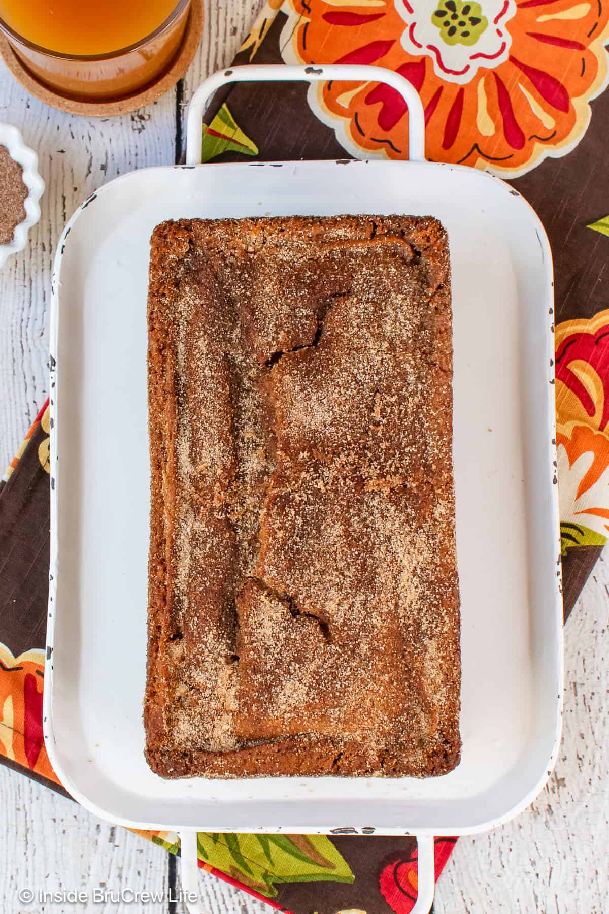 Overhead quick bread covered in cinnamon sugar.
