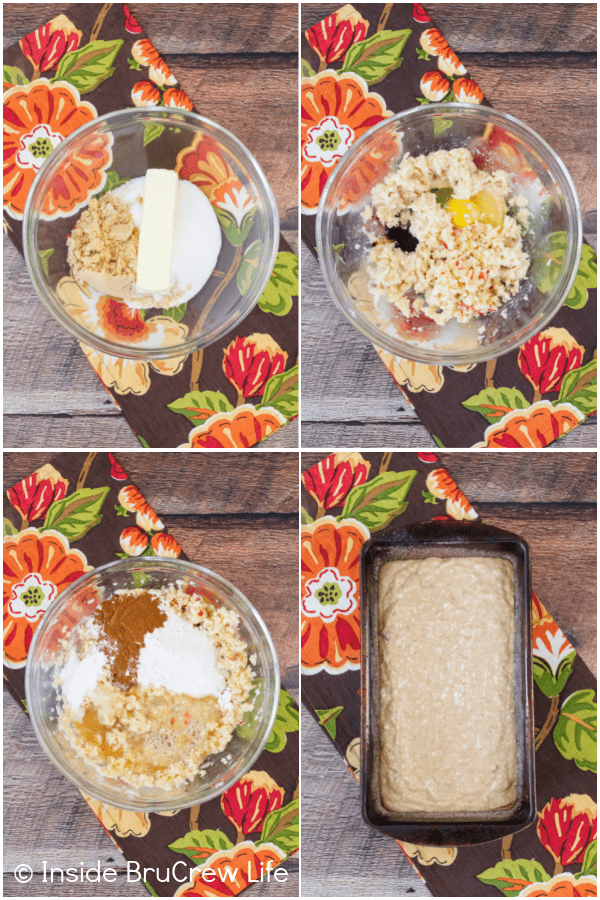 Four pictures collaged together showing the steps to make apple cider bread.