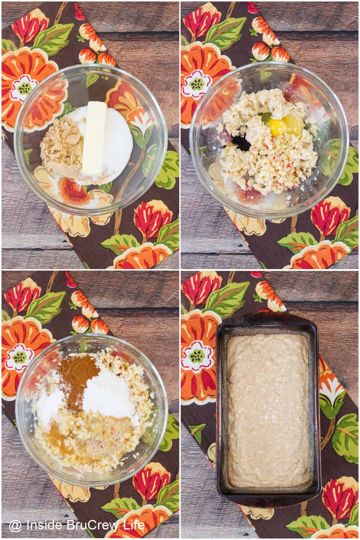 Step-by-step photos showing how to make apple cider bread.