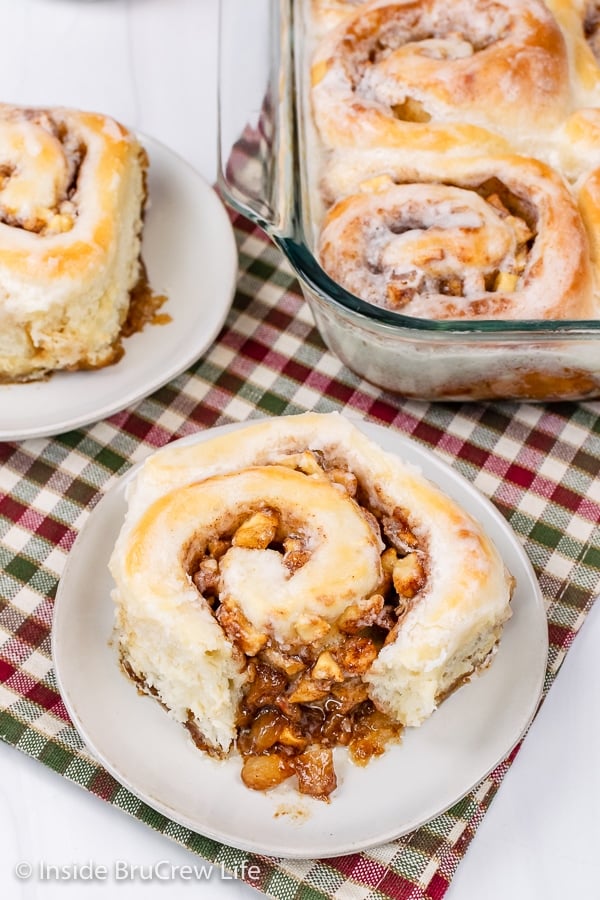 Overhead picture of an apple roll on a white plate with apple pieces coming out.