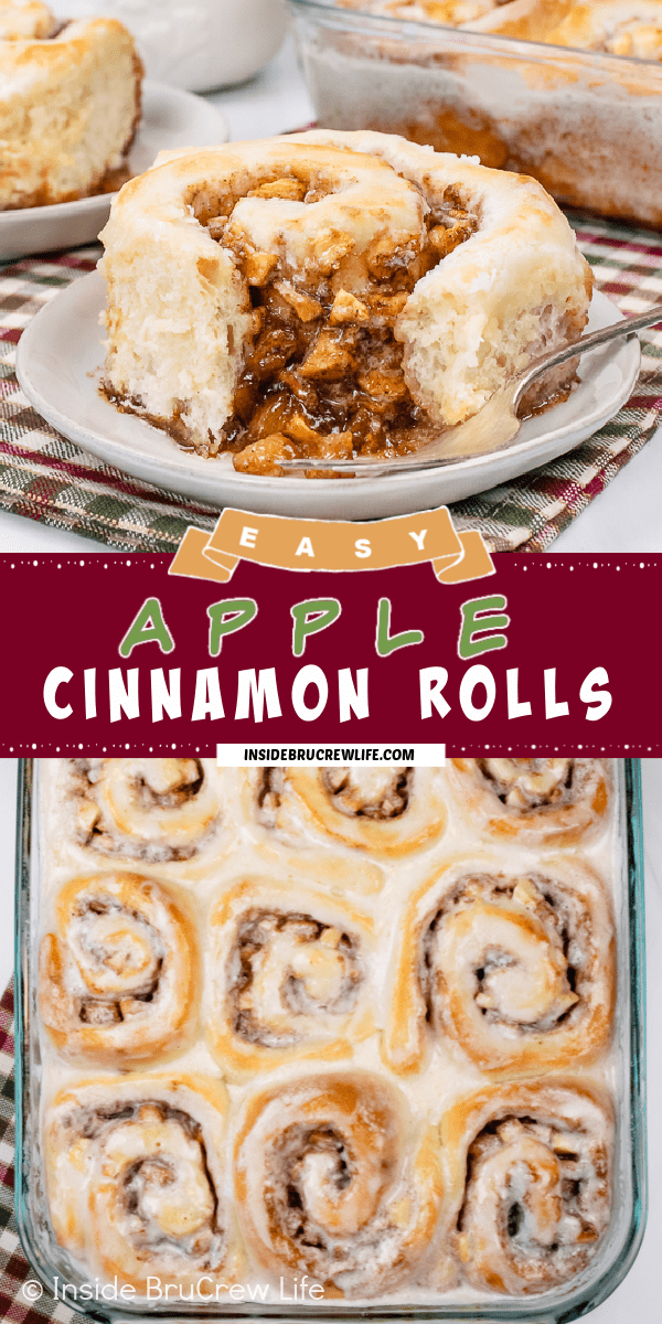 Two pictures of Apple Cinnamon Rolls collaged together with a burgundy text box.