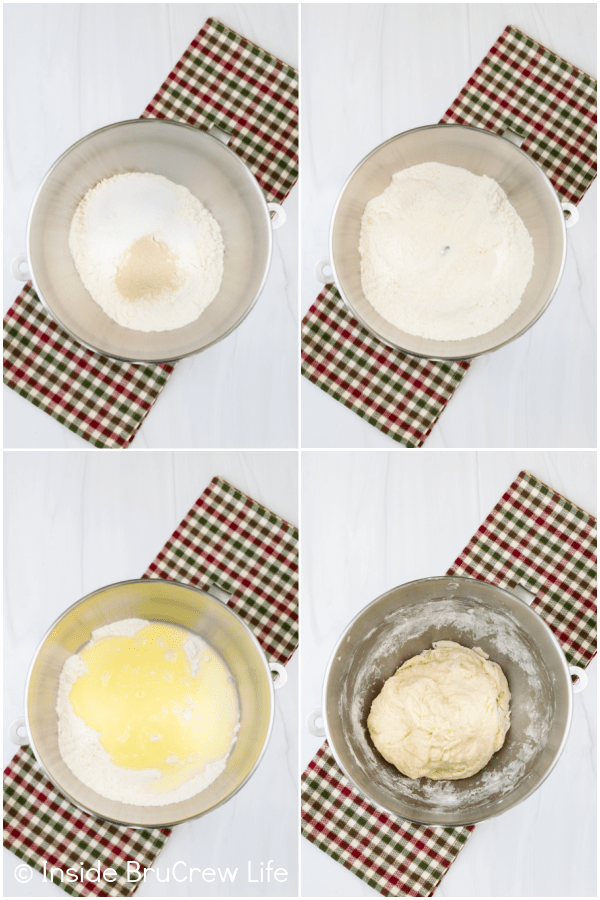 Four pictures collaged together showing the steps to making dough for sweet rolls.