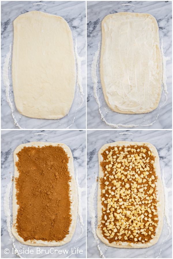 Four pictures collaged together showing how to roll out and fill the dough for apple cinnamon rolls.