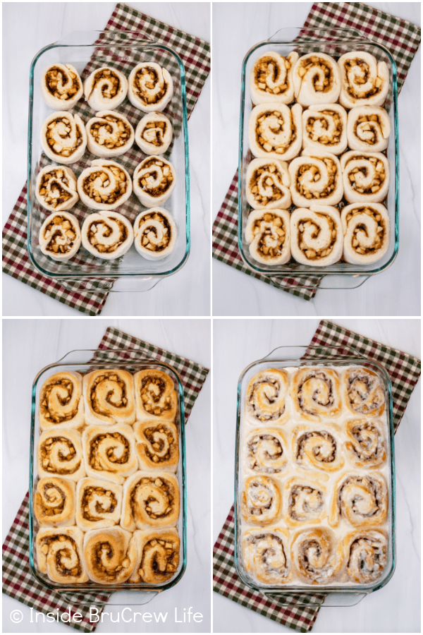 Four pictures collaged together showing the steps to proofing, baking, and frosting apple rolls.