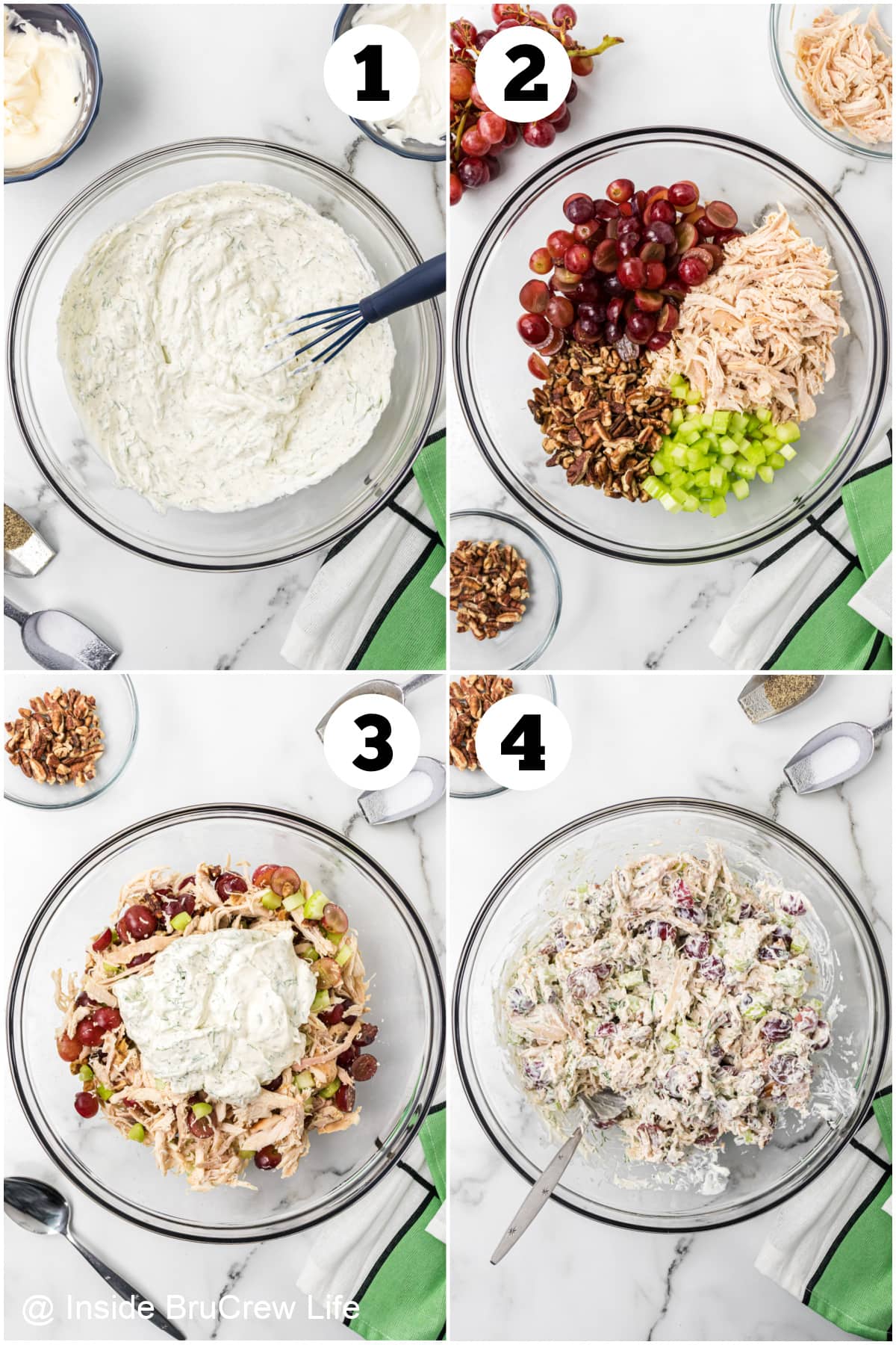 Four pictures collaged together showing how to mix together a chicken salad recipe with grapes and pecans in it.