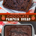 Two pictures of chocolate pumpkin bread collaged with a brown text box.