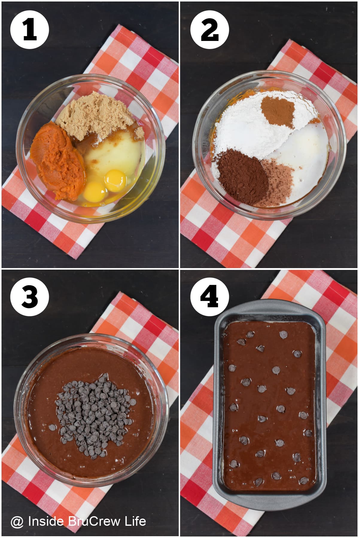 Four pictures collaged together showing steps for chocolate pumpkin bread.