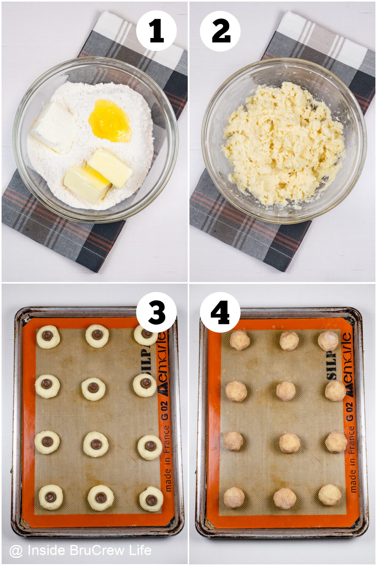 Four pictures collaged together showing how to make cake mix cookies rolled in sugar.