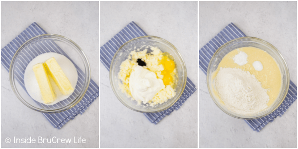 Three pictures collaged together showing the steps to making the coffee cake batter.