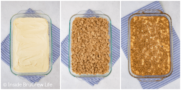 Three pictures collaged together showing the steps to baking a coffee cake.