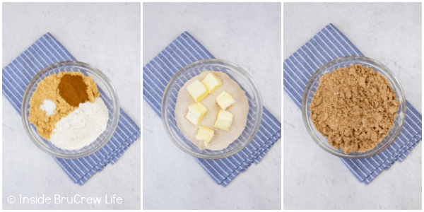 Three pictures collaged together showing the steps to making a brown sugar crumble topping.
