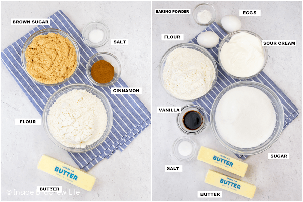 Two pictures of the ingredients needed to make an easy coffee cake collaged together.