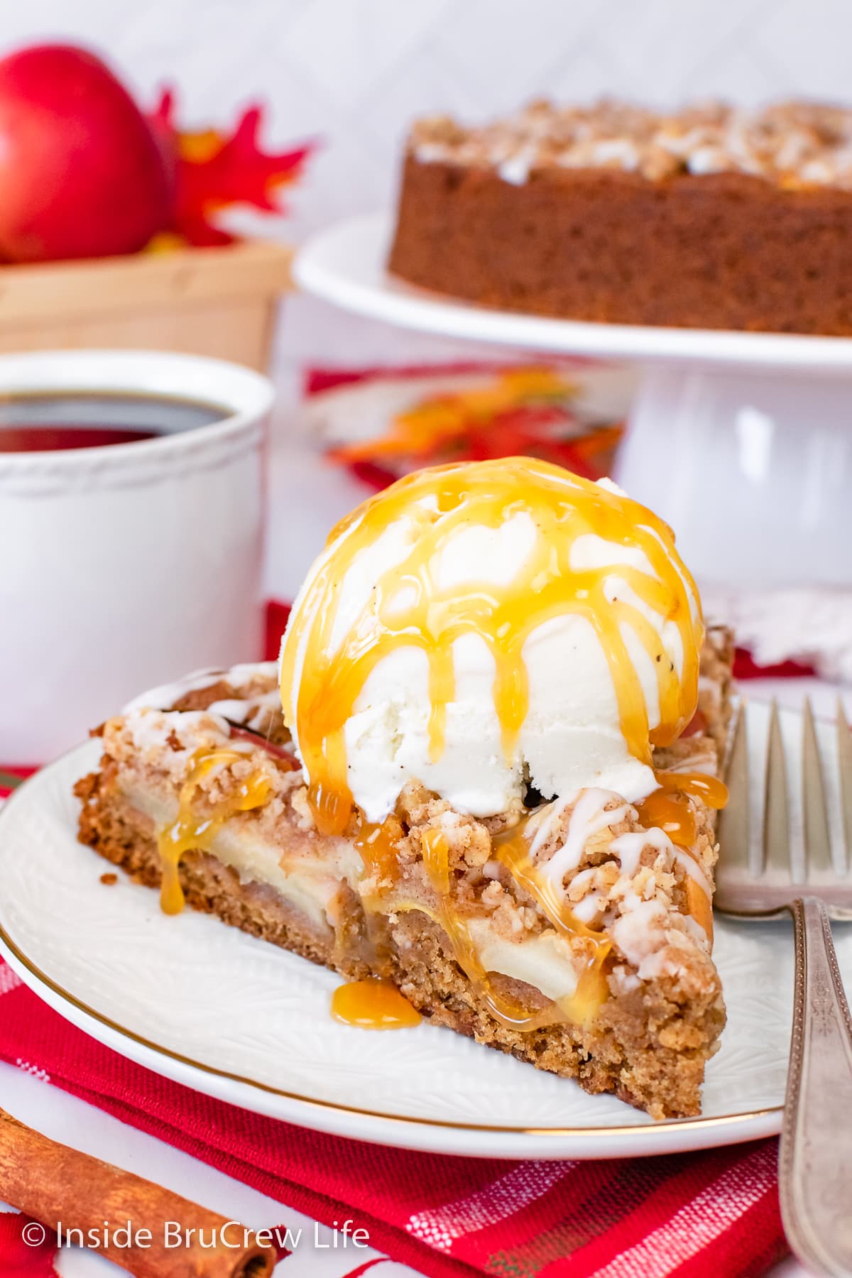 Apple cake with vanilla ice cream on a plate.