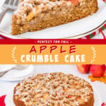 Two pictures of an apple cake with a yellow text box.