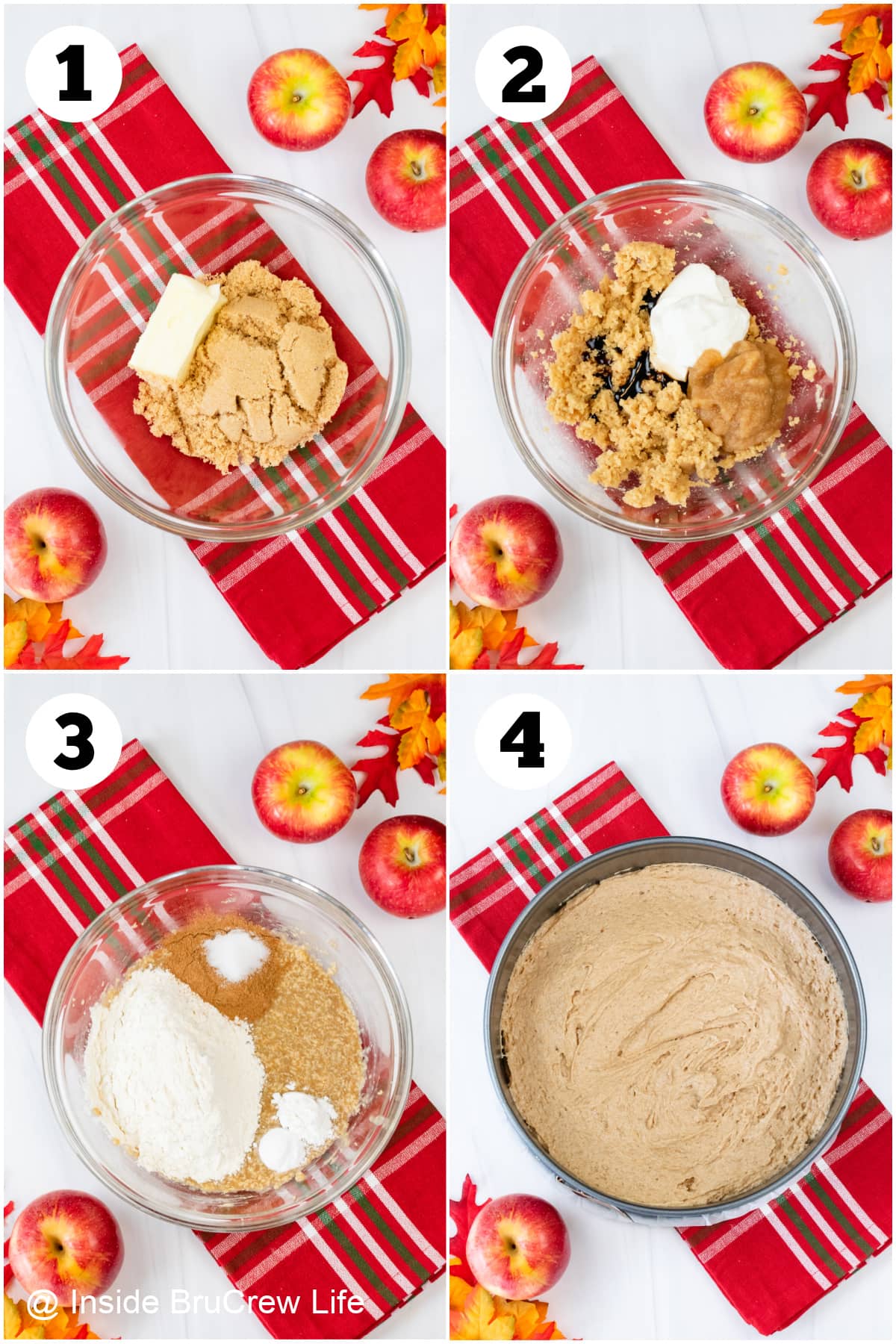 Four pictures collaged together showing how to make apple cake batter.