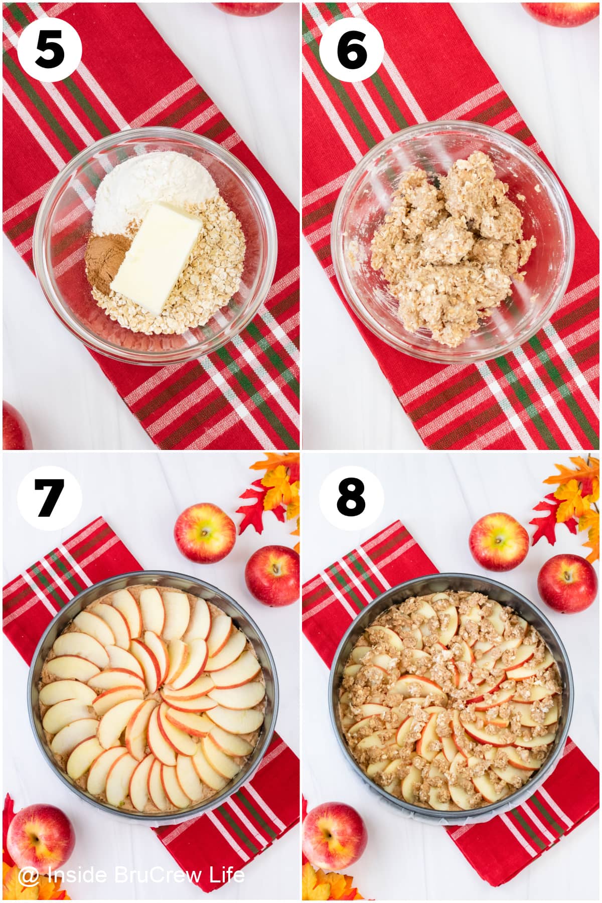Four pictures collaged together showing how to add crumble to an apple cake.