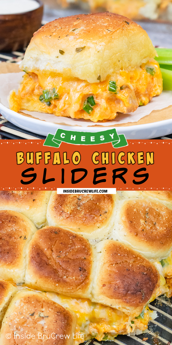 Two pictures of cheesy chicken sliders collaged together with an orange text box.