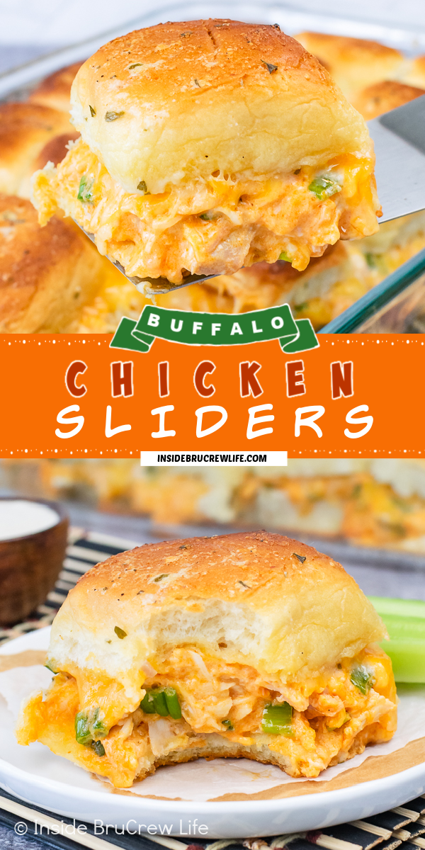 Two pictures of Buffalo Chicken Sliders collaged together with an orange text box.