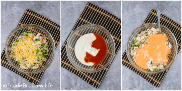 Three photos collaged together showing the steps to making buffalo chicken for sliders.