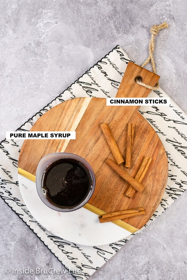 Overhead picture of the ingredients needed to make a Cinnamon Maple Syrup.