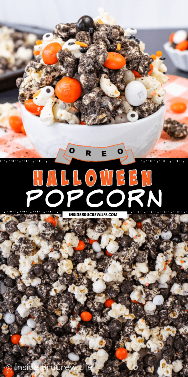 Two pictures of Halloween popcorn collaged together with a black text box.