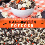 Two pictures of Halloween popcorn collaged together with an orange text box.