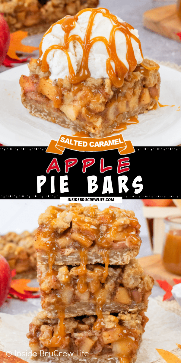 Two pictures of Salted Caramel Apple Pie Bars collaged together with a black text box.