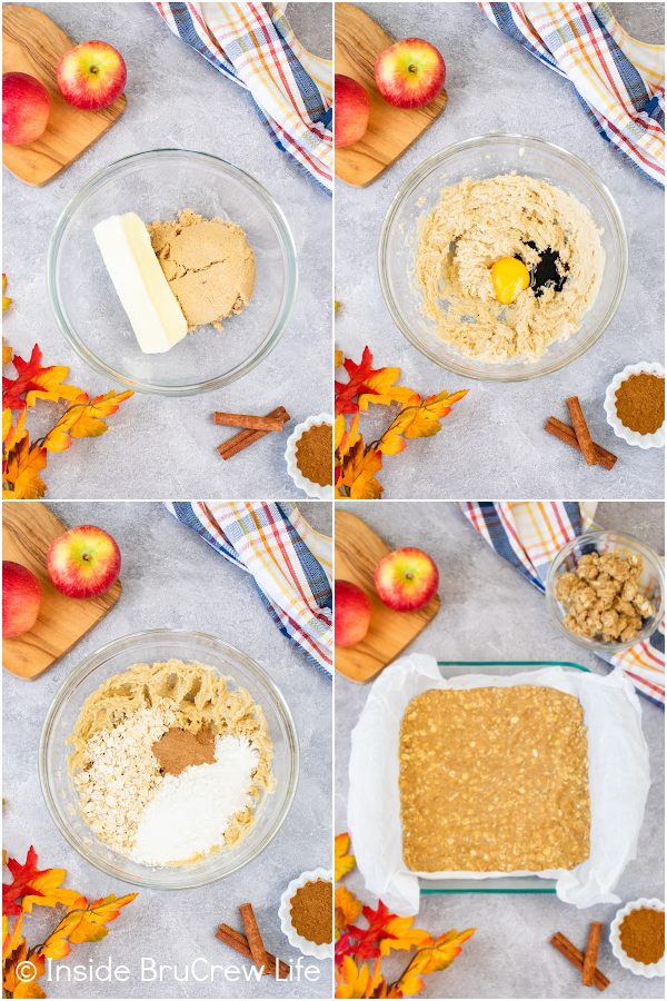 Four photos collaged together showing how to make the crust for apple pie bars.