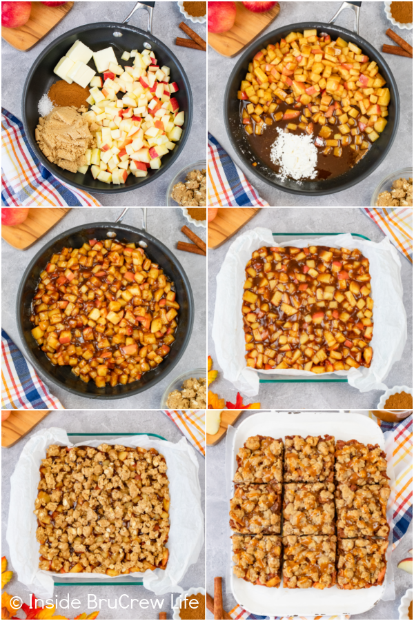 Six photos collaged together showing the steps to making caramel apple pie filling and layering it in pie bars.