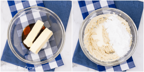 Two pictures collaged together showing how to make vanilla frosting.