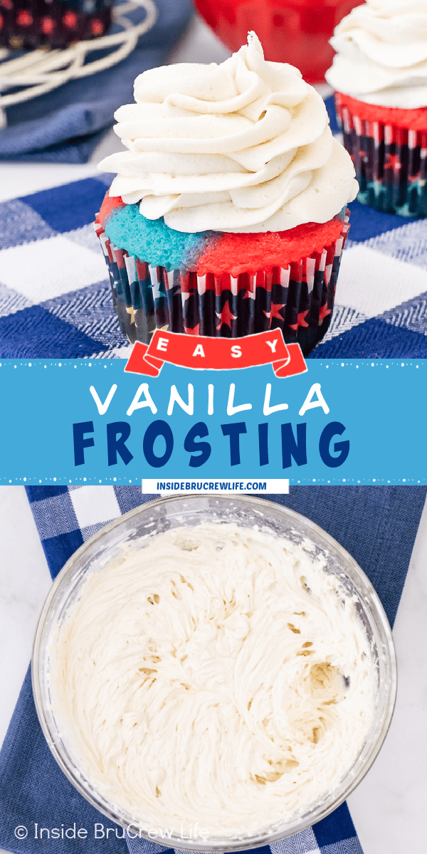Two pictures of vanilla frosting collaged together with a blue text box.